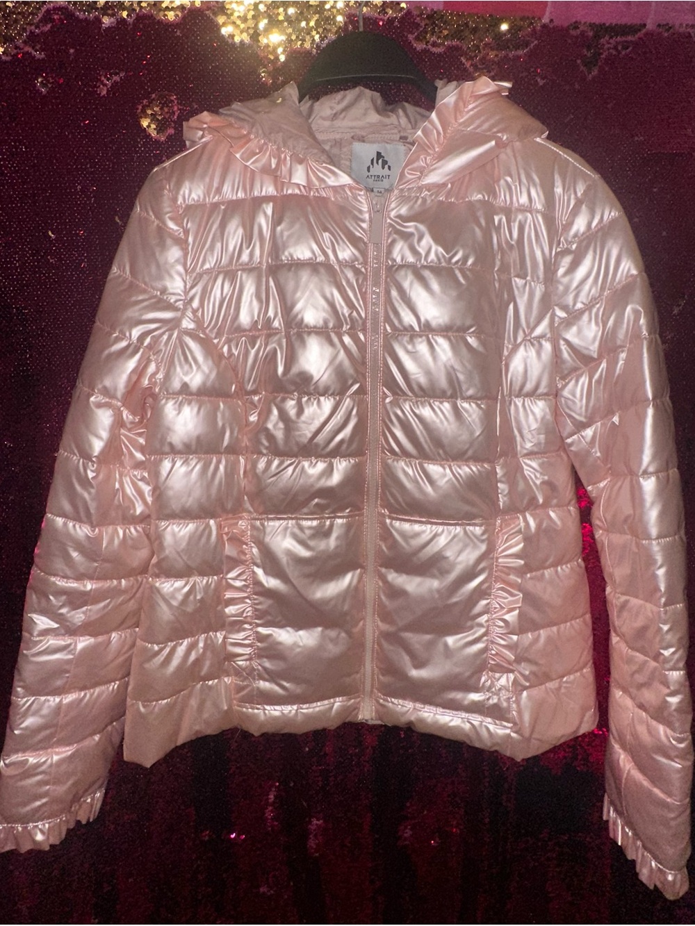 ATTRAIT Paris Shiny Light Rose Quilted Puffer Jacket with Ruffled Hood